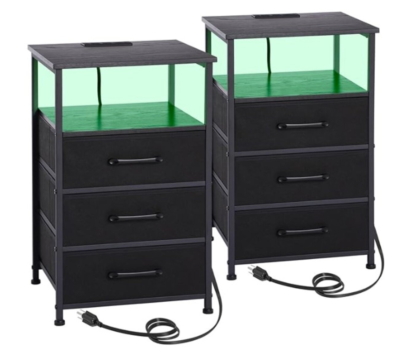 Nightstands Set of 2, Night Stand with Charging Station USB C Charger & 2 AC Outlets, Wide Tabletop End Table with LED Light Strips, Bedroom Bedside Table with 3 Fabric Drawers